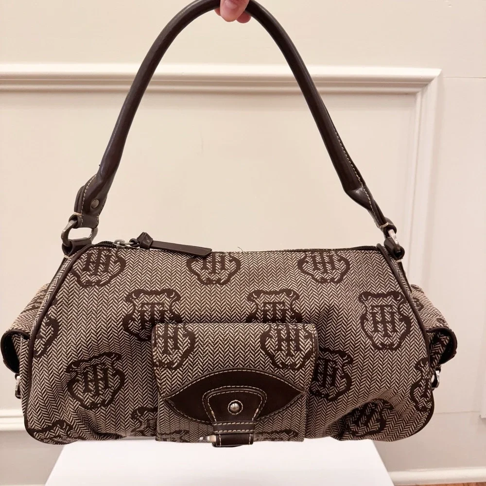 Vtg‎ Y2K Tommy Hilfiger Logo Brown Purse Shoulder Bag Fall Herringbone EUC